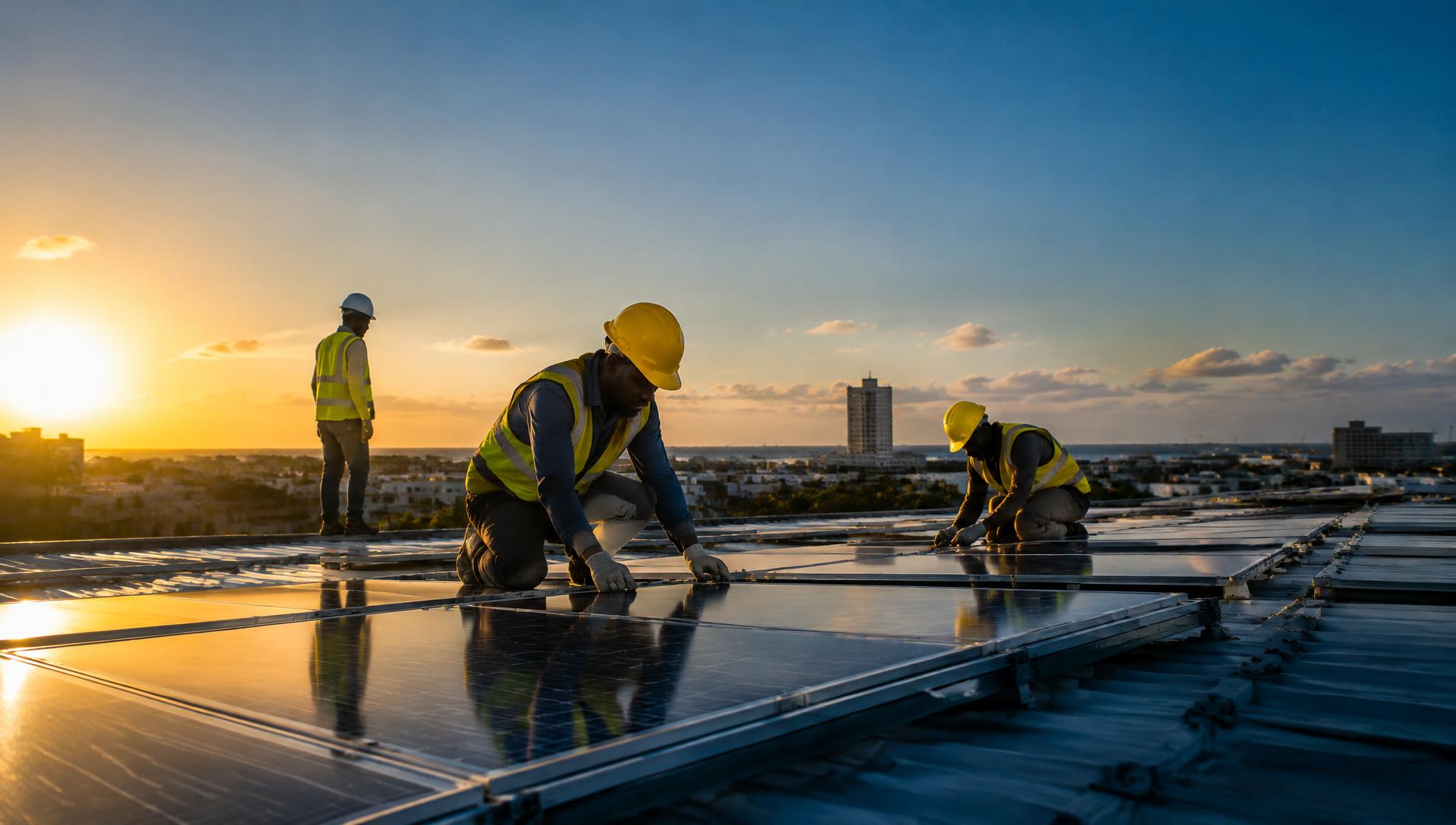 Techniciens installant des panneaux solaires